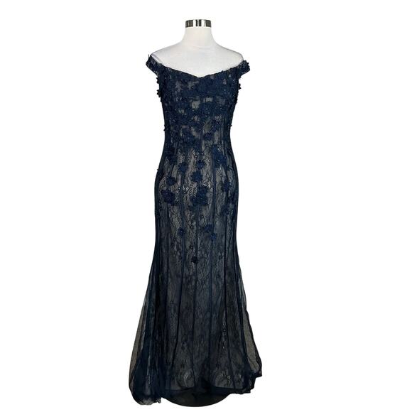 AQUA Off the Shoulder Sequined Floral Lace A-Line Evening Gown Blue Size 8 Dress - Picture 1 of 12